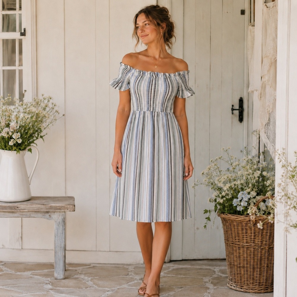 Vine & Love Blue Striped Smocked Off Shoulder Cotton Midi Dress Womens Beachy S